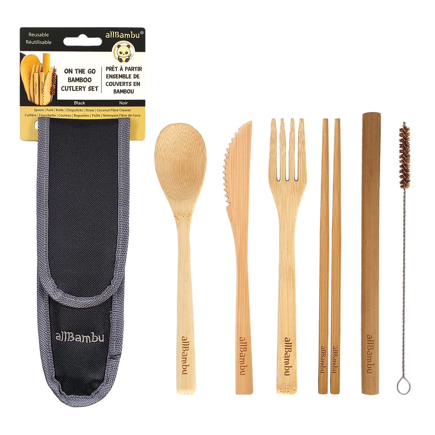 Ensemble de couverts en bambou pour adulte - Noir