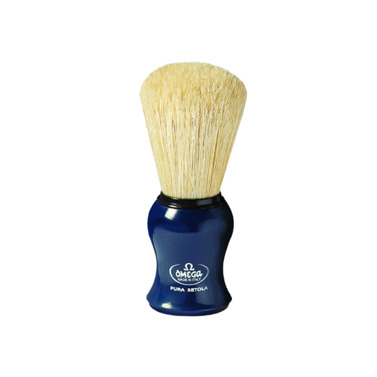 Blaireau de rasage en poils de sanglier - Manche en bois de hêtre - Manche en plastique bleu