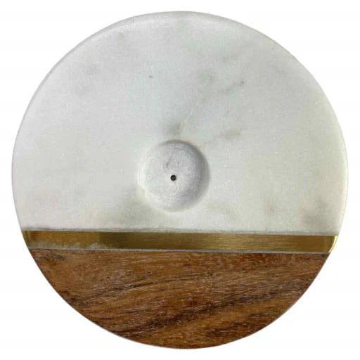 Cendrier rond en marbre et acacia avec incrustations en laiton 